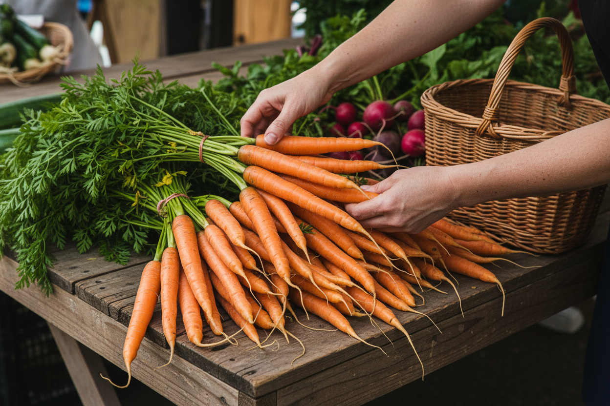 Sayuran Akar dan Hijauan Pasar Tani Segar Wortel Bit Lobak Adas Talent tanpa wajah Tangan Pemilih Sedang